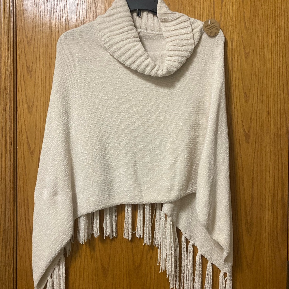 Britt’s Knits Cream Super Soft Poncho with Fringe OSFM